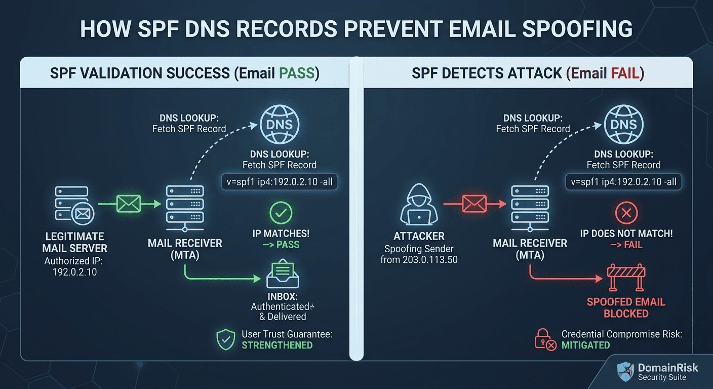 SPF record configuration and email authentication diagram
