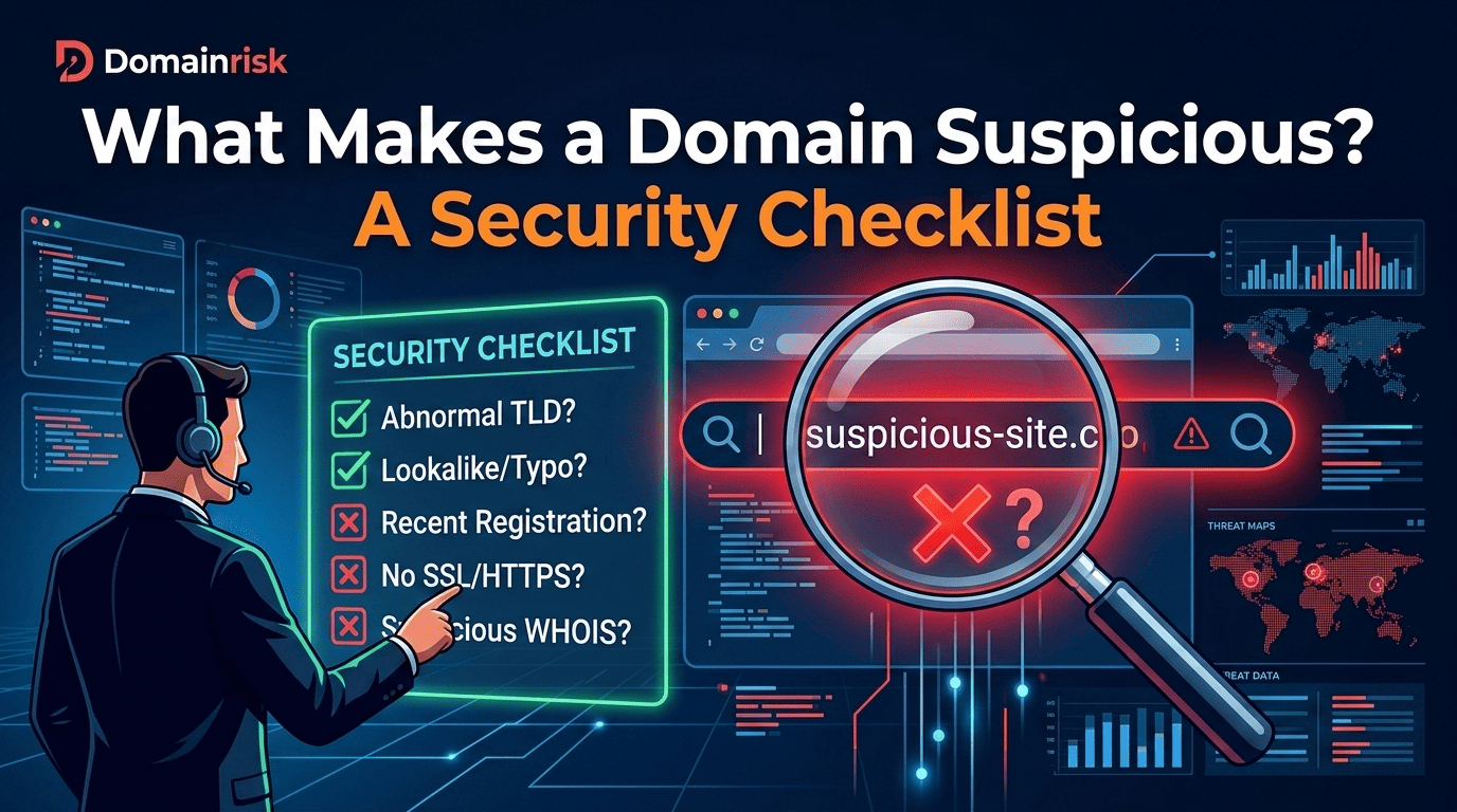 Suspicious domain security checklist — registration age, WHOIS, DNS, SSL, typosquatting indicators